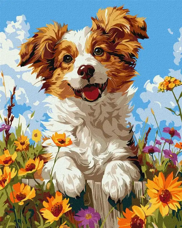 Malowanie po numerach - Pies w kwiatach 40x50cm Premium