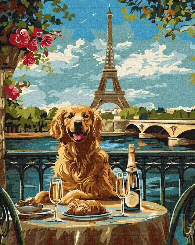 Malowanie po numerach - Retriever w Paryżu 40x50cm Okazja